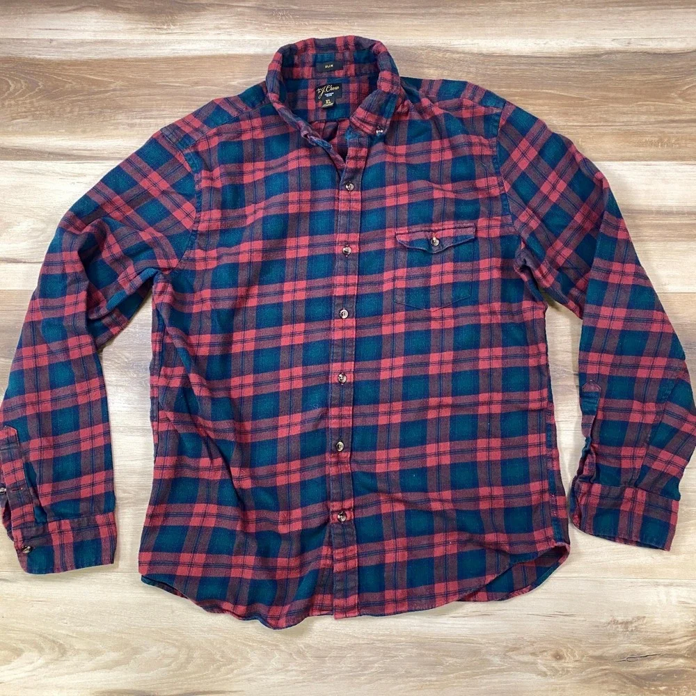 J. Crew Flannel Shirt Men XL Classic Cashmere Blend Slim Red Blue Plaid Heritage